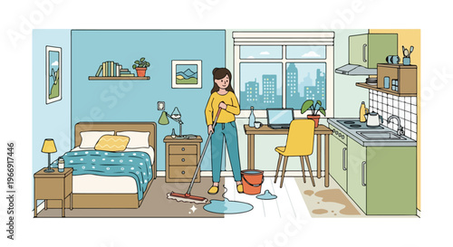 A young woman cleaning a modern apartment living space with a mop and bucket
