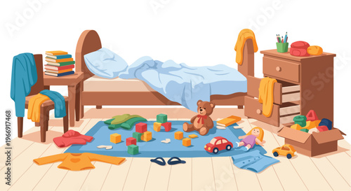 A messy children bedroom interior featuring toys and clothing scattered on a rug