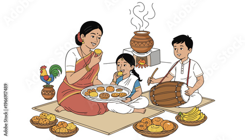 A traditional Indian family celebrating a festival with delicious food and drinks
