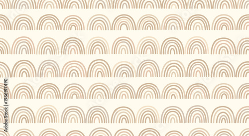 M i n i m a l i s t s e a m l e s s p a t t e r n o f h a n d d r a w n r a i n b o w s i n e a r t h y e a r t h t o n e s r e p e a t i n g i n r o w s o n a p a l e b e i g e b a c k g r o u n d .