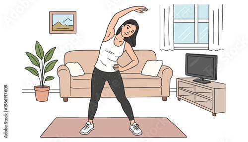 A woman doing yoga in a modern living room with a couch