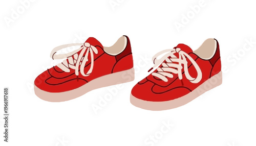 A pair of red sneakers with white laces and soles illustration