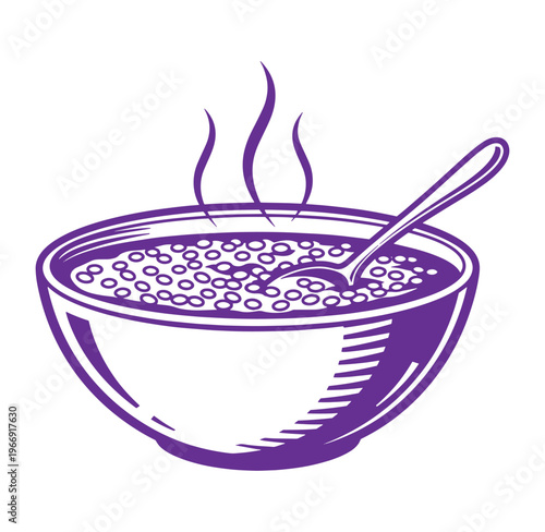 A bowl of hot porridge with a spoon in it  breakfast food