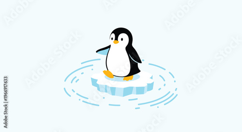 Adorable illustration of a small penguin standing on a floating piece of white ice in calm light blue water with gentle ripples.