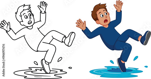 Man slipping on wet floor water puddle vector illustration for safety and accident