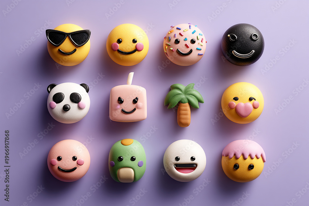 Obraz premium A collection of colorful emojis and smiley faces on transparent background