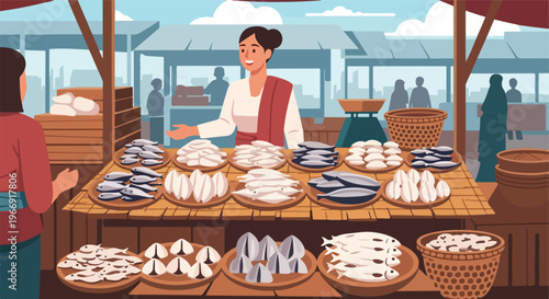 A fishmonger selling fresh catches at an outdoor market stall with customers