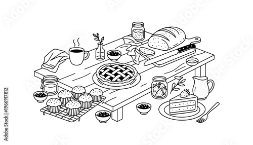 A bakery food illustration of a table with various sweet treats and drinks