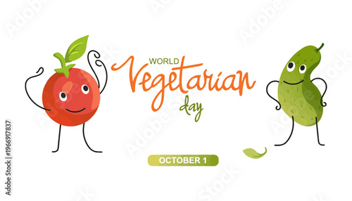 Vegetarian cartoon characters celebrating World Vegetarian Day on October 1