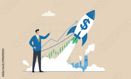 US Dollar valu rate hike, exchange rate or financial report, economy or investment concept, businessman investor look at dollar sign rocket flying high on exchange chart