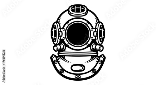 A detailed, monochrome illustration of a diving helmet with intricate design elements on a clean background.