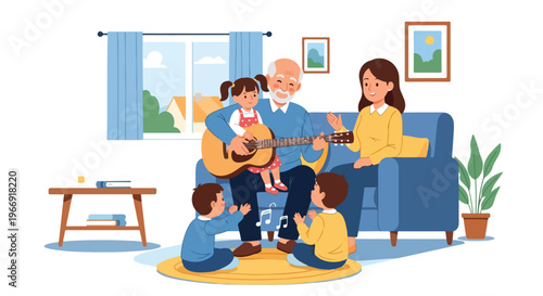 An elderly man plays guitar while children and a woman watch in a living room