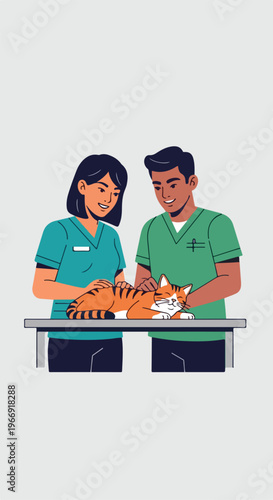 Two veterinarians in colorful scrubs are examining an orange tabby cat on a table