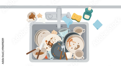 A top-down view of a kitchen sink filled with a pile of dirty plates and dishes