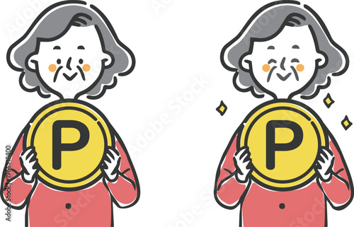 ポイントのコインを持つシニア女性　上半身　ベクター