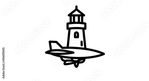 Black-and-white illustration of a lighthouse on a small island with a seaplane flying nearby on a plain background.