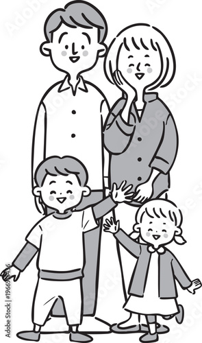 若い家族のイラスト　ベクター（モノクロ）
