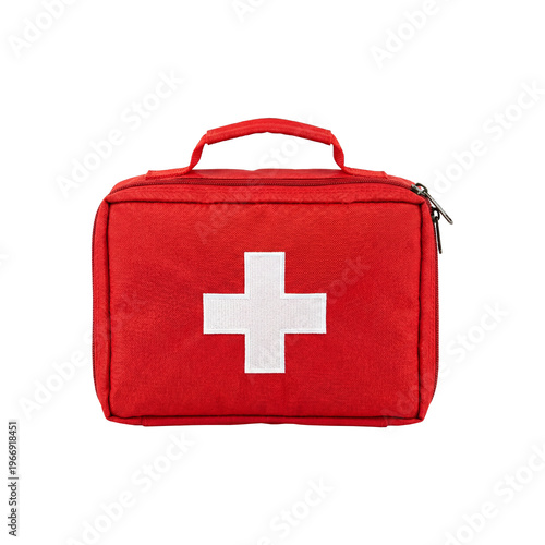 Red medical travel first aid kit bag with white cross, isolated. PNG with transparent background. Clipping path