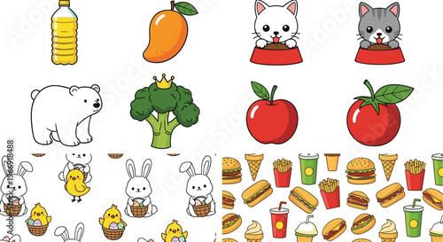 Cute Food and Animal Cartoon Icon Set with Cats, Rabbits, Bear, Fruits, Vegetables and Fast Food Elements for Kids Vector Illustration