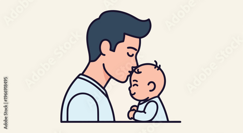 A loving father gently kissing his infant baby on the forehead in an illustration