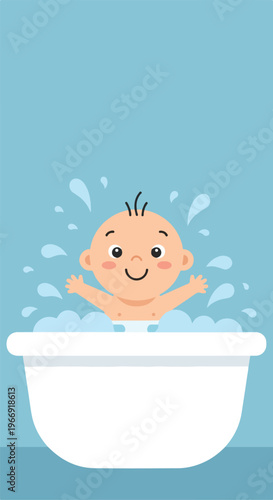 A joyful baby sitting in a white bathtub, splashing water and playing with foam