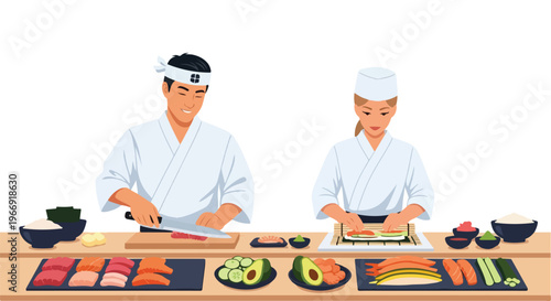 A man and a woman in uniforms preparing fresh sushi on a wooden counter station