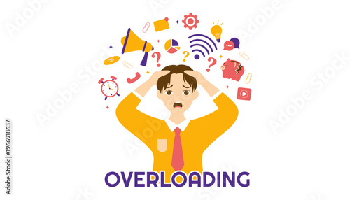 Overloading stressed businessman with many thoughts and icons around head