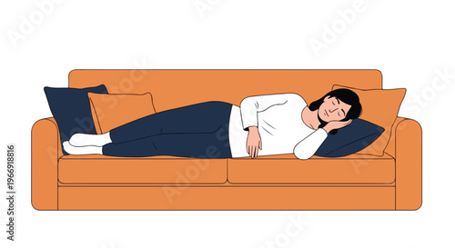 A woman sleeps peacefully while resting on a comfortable orange couch at home