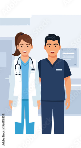 A flat vector illustration of a smiling female doctor and a male nurse in scrubs
