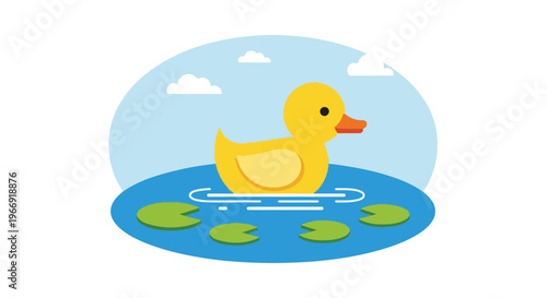 A yellow rubber ducky floats on blue water surrounded by green lily pads design