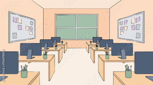 Illustration of an empty modern computer classroom or office space