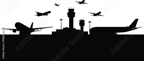 Airport runway with airplanes and control tower silhouettes, aviation travel vector illustration showing takeoff landing and air traffic isolated on white background