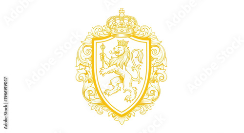 Golden Lion Emblem with Crown and Laurel Wreath, Heraldic Symbol, Royalty, Luxury