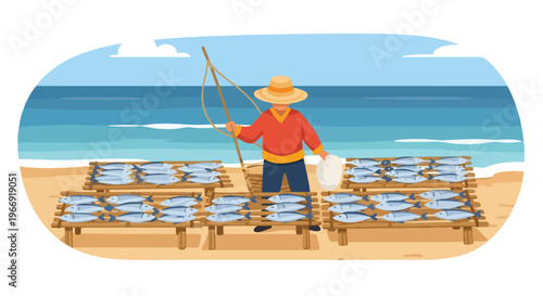 A person in a straw hat dries fish on bamboo racks beside a blue ocean beach