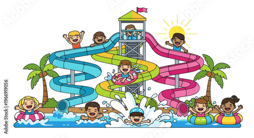 Happy Kids Enjoying Water Slides and Pool at a Sunny Water Park