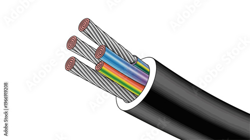 A detailed cross-section of an optical fiber cable revealing its multiple colored strands and protective layers.