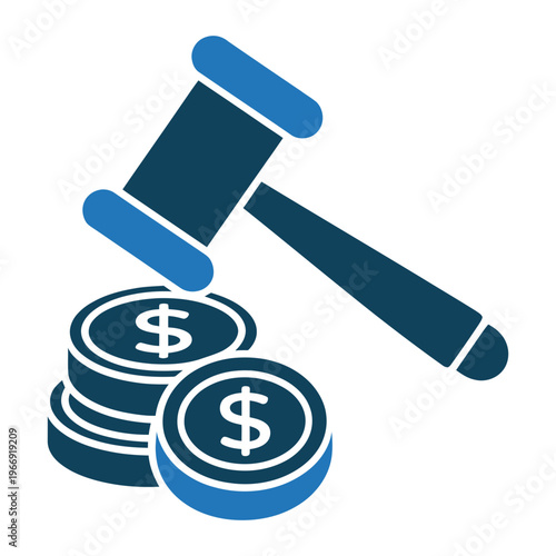 A blue gradient icon displaying a judge's gavel resting upon stacks of dollar coins.