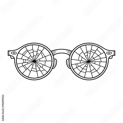 A distinct line art drawing of round-framed eyeglasses with both lenses shattered into radial cracks.