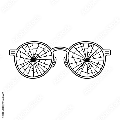 An artistic line drawing of classic round eyeglasses with both lenses clearly displaying prominent cracks.