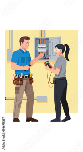 Two professionals inspecting an electrical circuit breaker panel with test tools