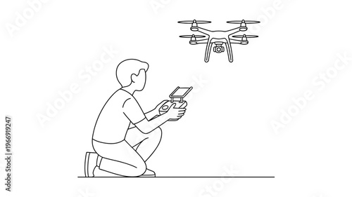 A person skillfully controls a drone remotely while kneeling in this precise line art depiction.