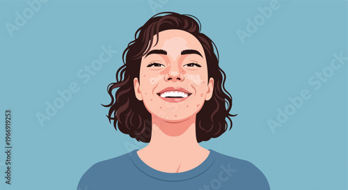 A happy young woman with dark wavy hair and skin pigmentation smiling portrait