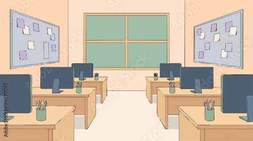 Modern Empty Computer Classroom with Desks, Monitors, and Bulletin Boards