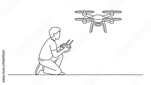 A clear line art illustration of a person kneeling and operating a modern drone with a remote control.