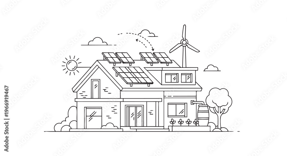 Fototapeta premium Eco friendly house, solar panels, wind turbine, sustainable home, green energy