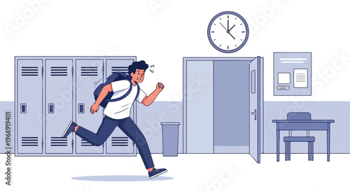 A stressed student with a backpack rushes through a school hallway corridor