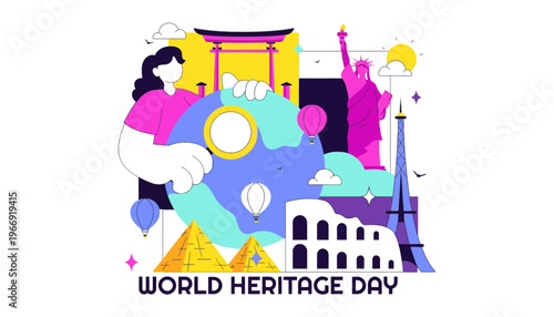 A vibrant illustration of World Heritage Day with iconic landmarks and a globe