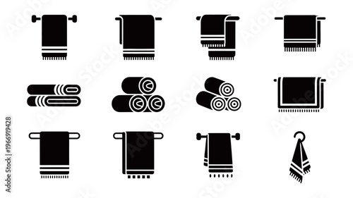 A comprehensive set of black silhouette towel icons showing various styles and arrangements.