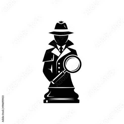 Chess Pawn Detective Silhouette with Magnifying Glass and Hat.