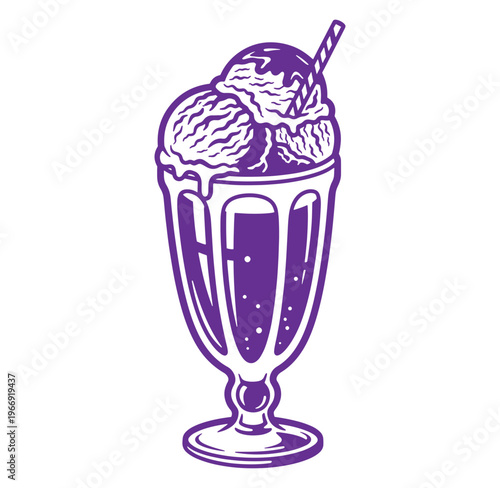 Purple ice cream sundae in a glass with a straw  sweet dessert